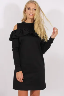 Black Cold Shoulder Frill Layer Swing Dress - Megan