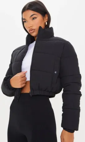 Black Cropped Peach Skin Bubble Puffer Jacket