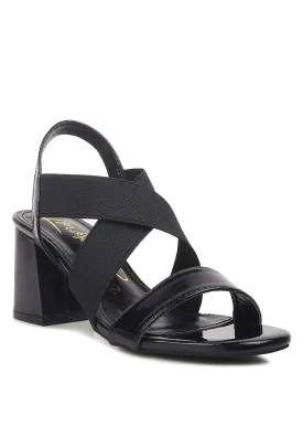 Black Elastic Straps Block Heel Sandals