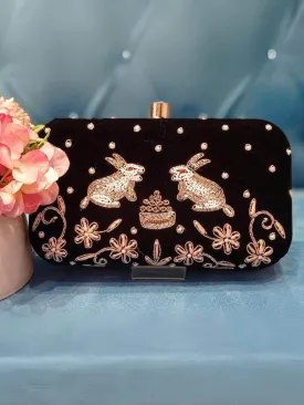 Black Embroidered With Sling Chain Clutch