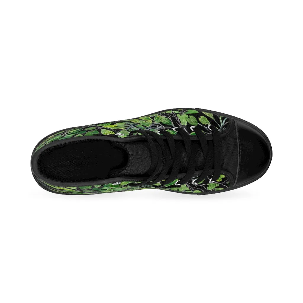 Black Fern Men's High-top Sneakers, Green Maidenhair Leaf Designer Tennis Running Shoes