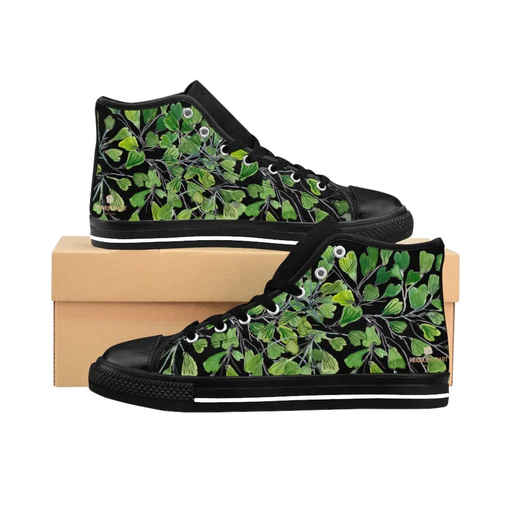 Black Fern Men's High-top Sneakers, Green Maidenhair Leaf Designer Tennis Running Shoes