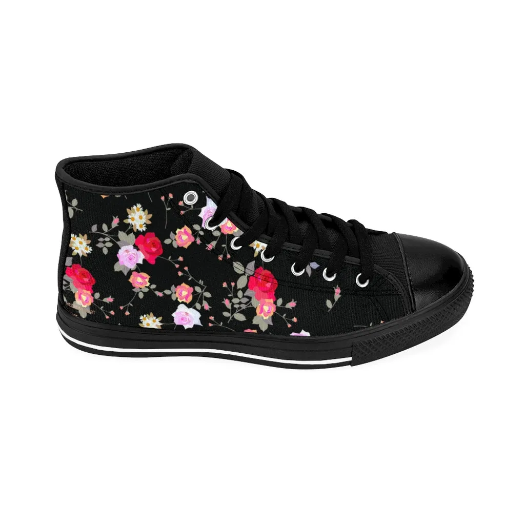 Black Floral Women's Sneakers, Rose Flower Print Designer High-top Fashion Tennis Shoes