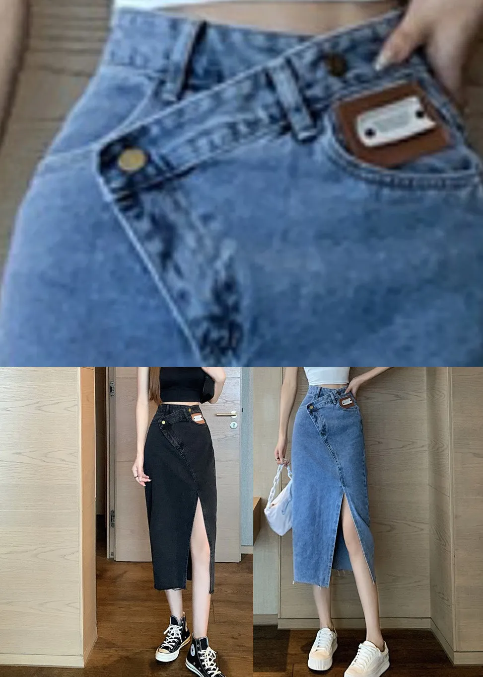 Black High Waist Pockets Button Solid Denim A Line Skirt TY1014