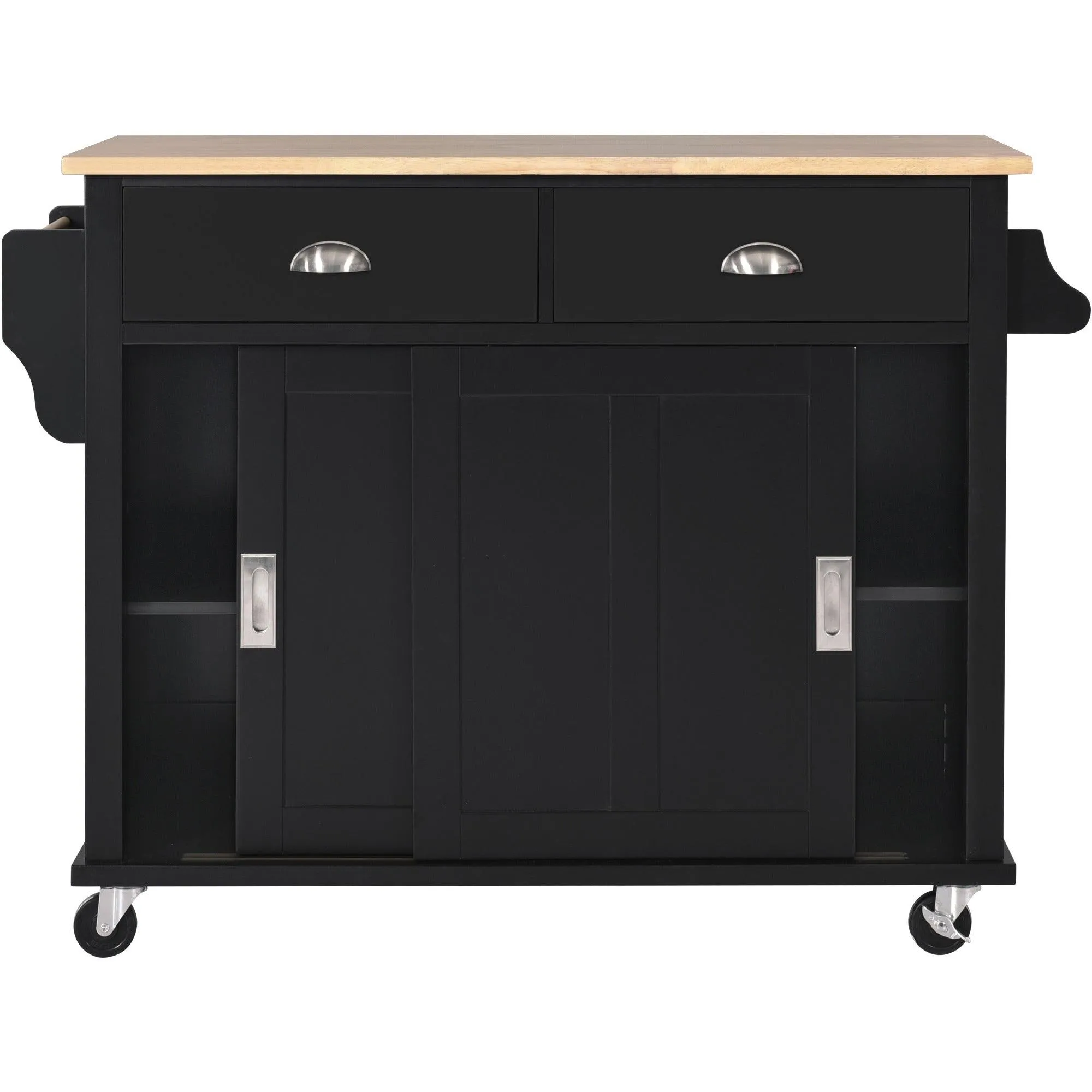 Black Kitchen Cart with Drop-Leaf Top, Sliding Barn Door, 4 Wheels, Storage Cabinet & 2 Drawers