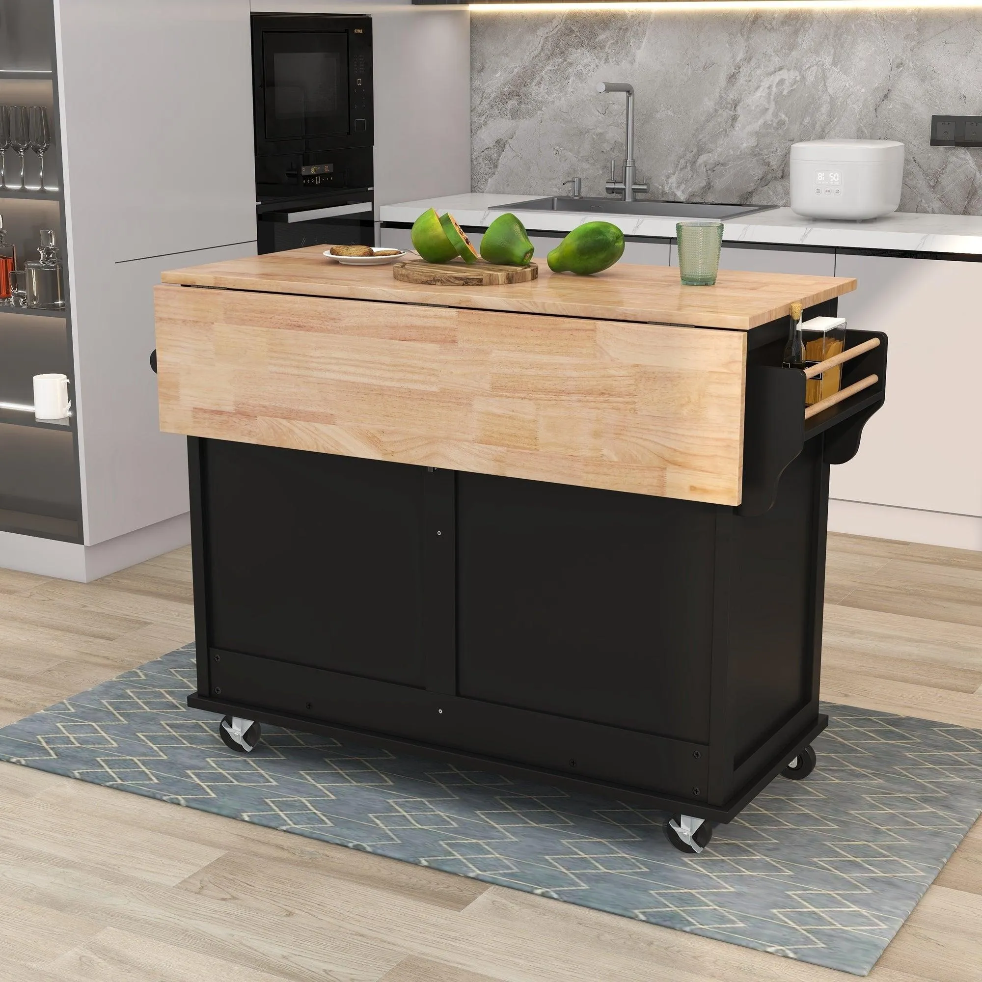 Black Kitchen Cart with Drop-Leaf Top, Sliding Barn Door, 4 Wheels, Storage Cabinet & 2 Drawers