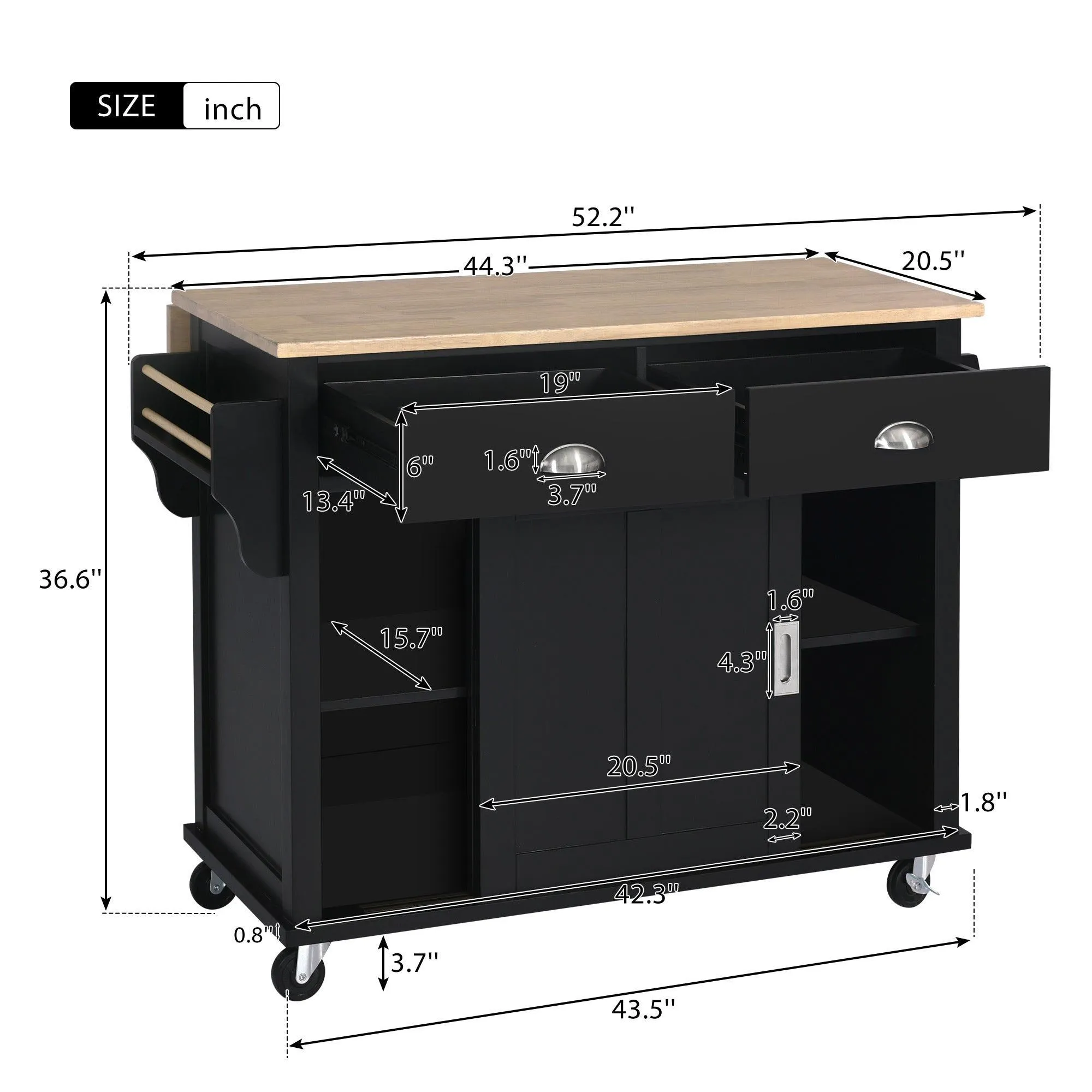 Black Kitchen Cart with Drop-Leaf Top, Sliding Barn Door, 4 Wheels, Storage Cabinet & 2 Drawers