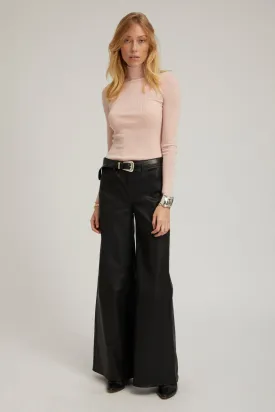 Black Leather 5 Pocket Mid Rise Wide Leg Pants