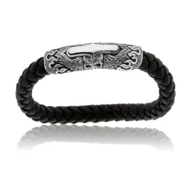 Black Leather & Sterling Silver Beautifully Engraved Bracelet