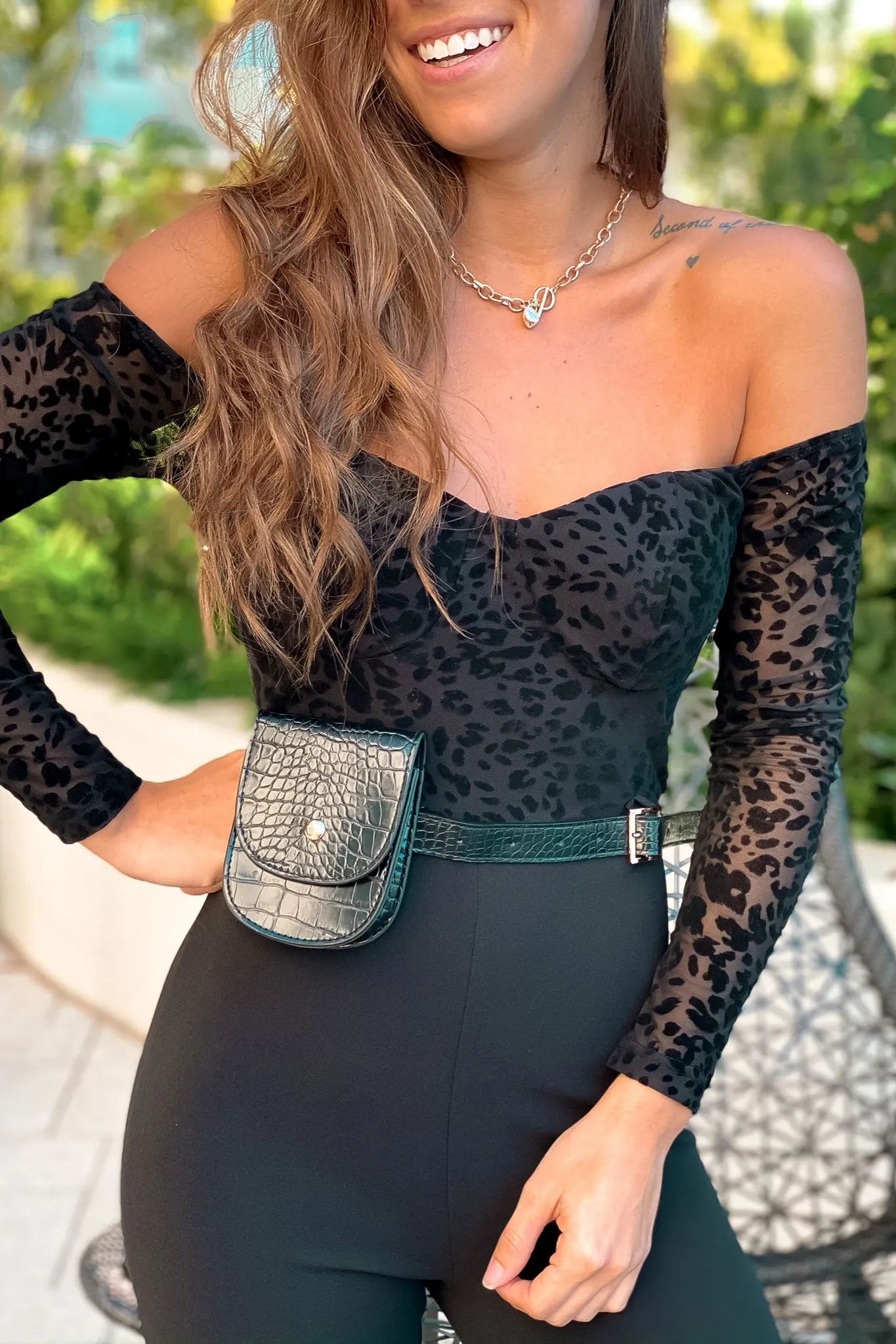 Black Leopard Print Jumpsuit With Belt Bag