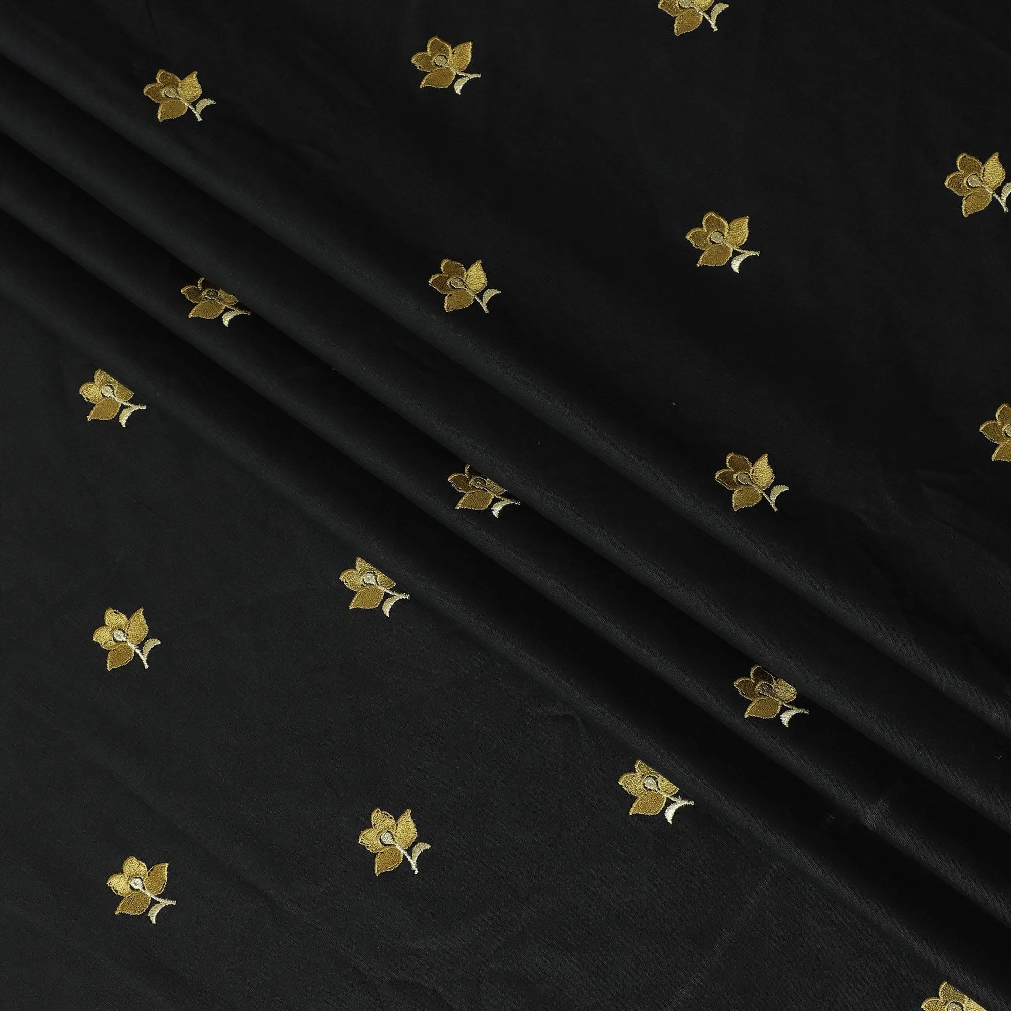 Black linen fabric with gold embroidery in floral design-11218