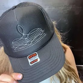 Black on Black Boot Stitch Trucker Hat