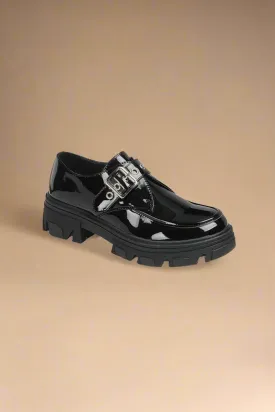 Black Patent Vegan Leather Buckled Platform Lug Sole Loafers