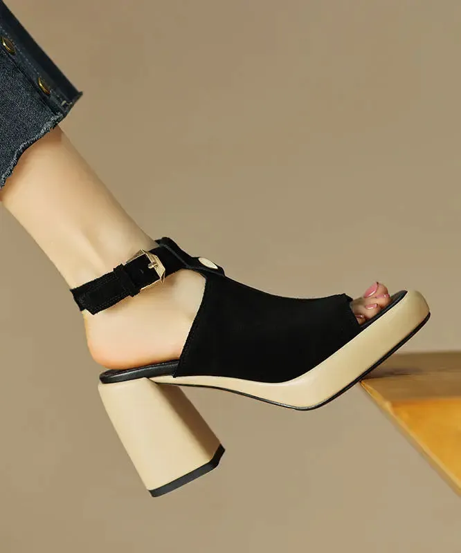 Black Peep Toe Buckle Strap Splicing Suede Chunky High Heels LY8272