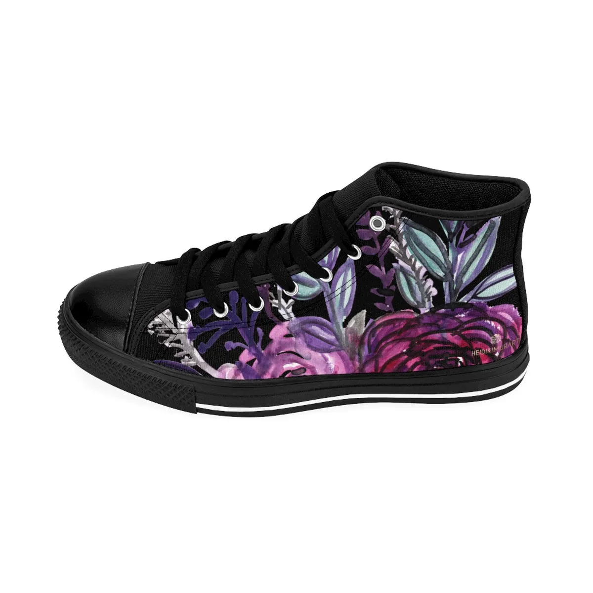 Black Purple Rose Men's Sneakers, Floral Print Designer High-top Running Tennis Shoes