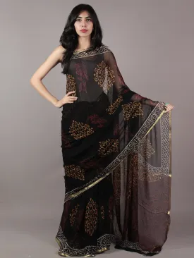 Black Red and Yellow Hand Block Printed Chiffon Saree - S031701846