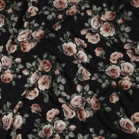 Black Rose Floral Pure Silk Satin Fabric - 140 cm Width, Made in Italy-D20739