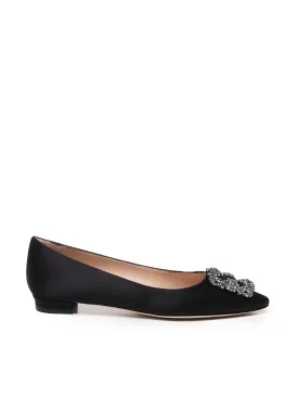 Black Satin Flat Pumps with Buckle