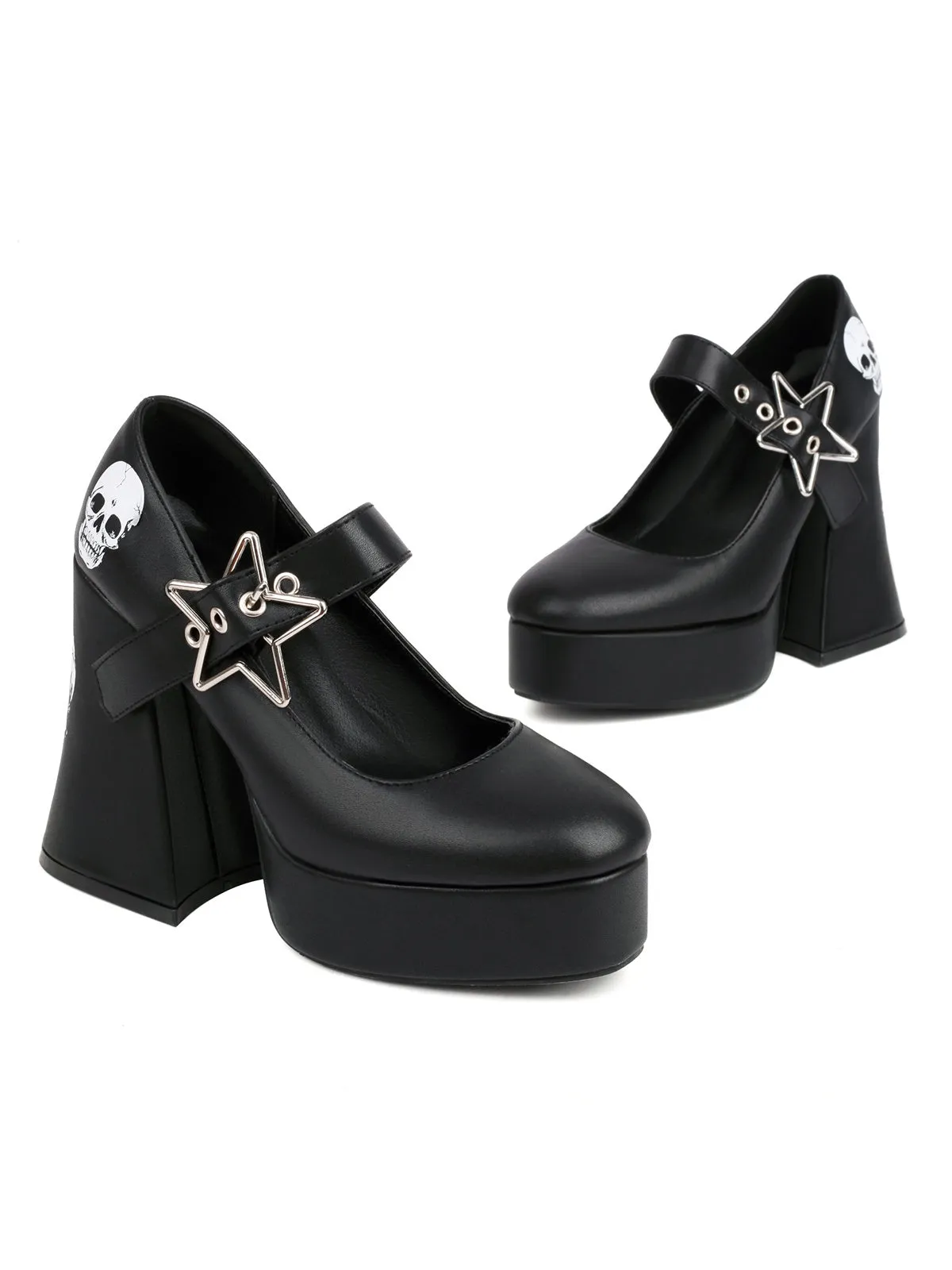 Black Skull Buckle Strap Platform Chunky Shoes