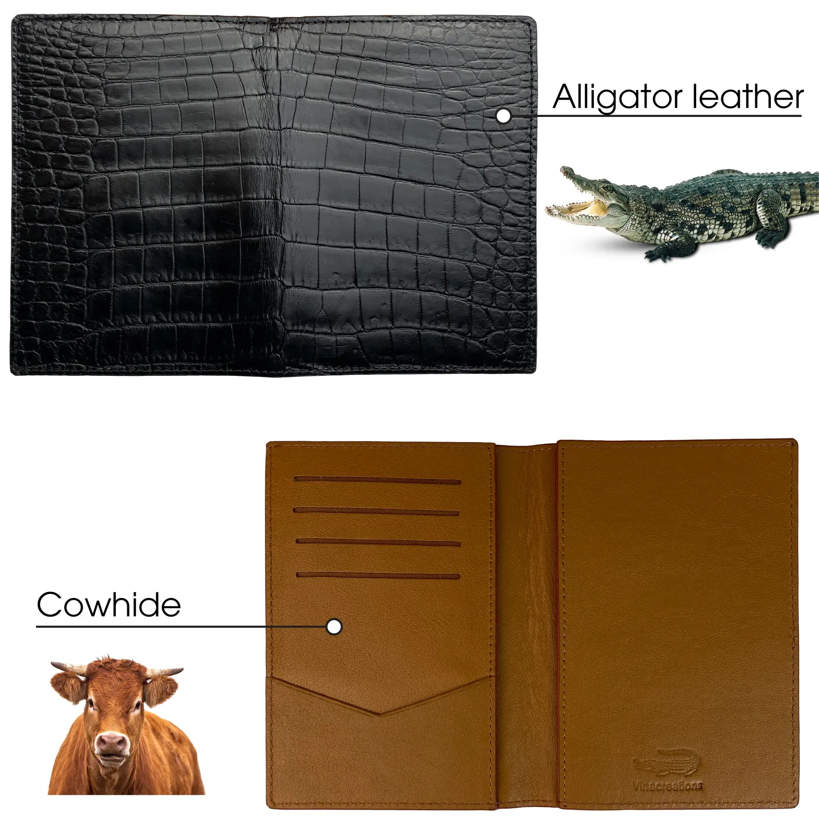 Black Slim Alligator Leather Passport Holder Cover