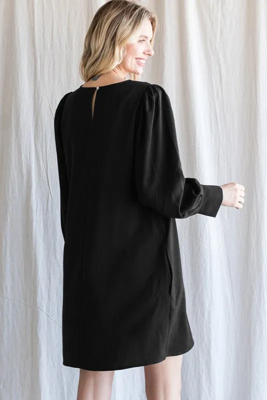 Black Solid Long Puffed Bishop Sleeves Dress