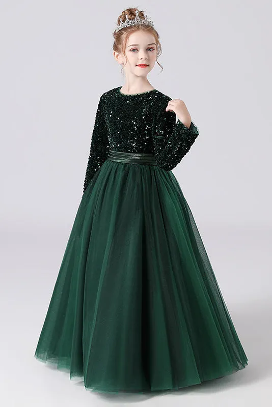 Black Tulle Long Sleeve Floor Length Flower Girl Dresses With Sequins