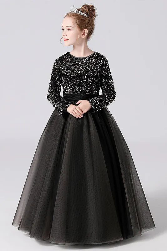 Black Tulle Long Sleeve Floor Length Flower Girl Dresses With Sequins