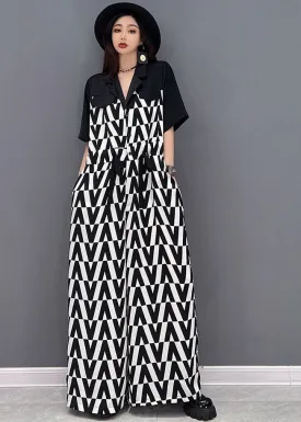 Black V Print Chiffon Jumpsuit Wide Leg Pants Tie Waist Short Sleeve