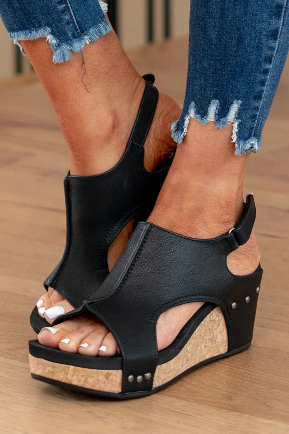 Black Vintage Leather Stitching Studded Wedge Sandal