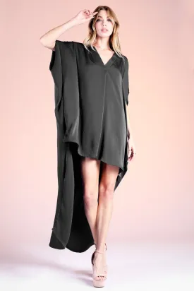 Black Washed Poly Silk Notched High Low Caftan Dress