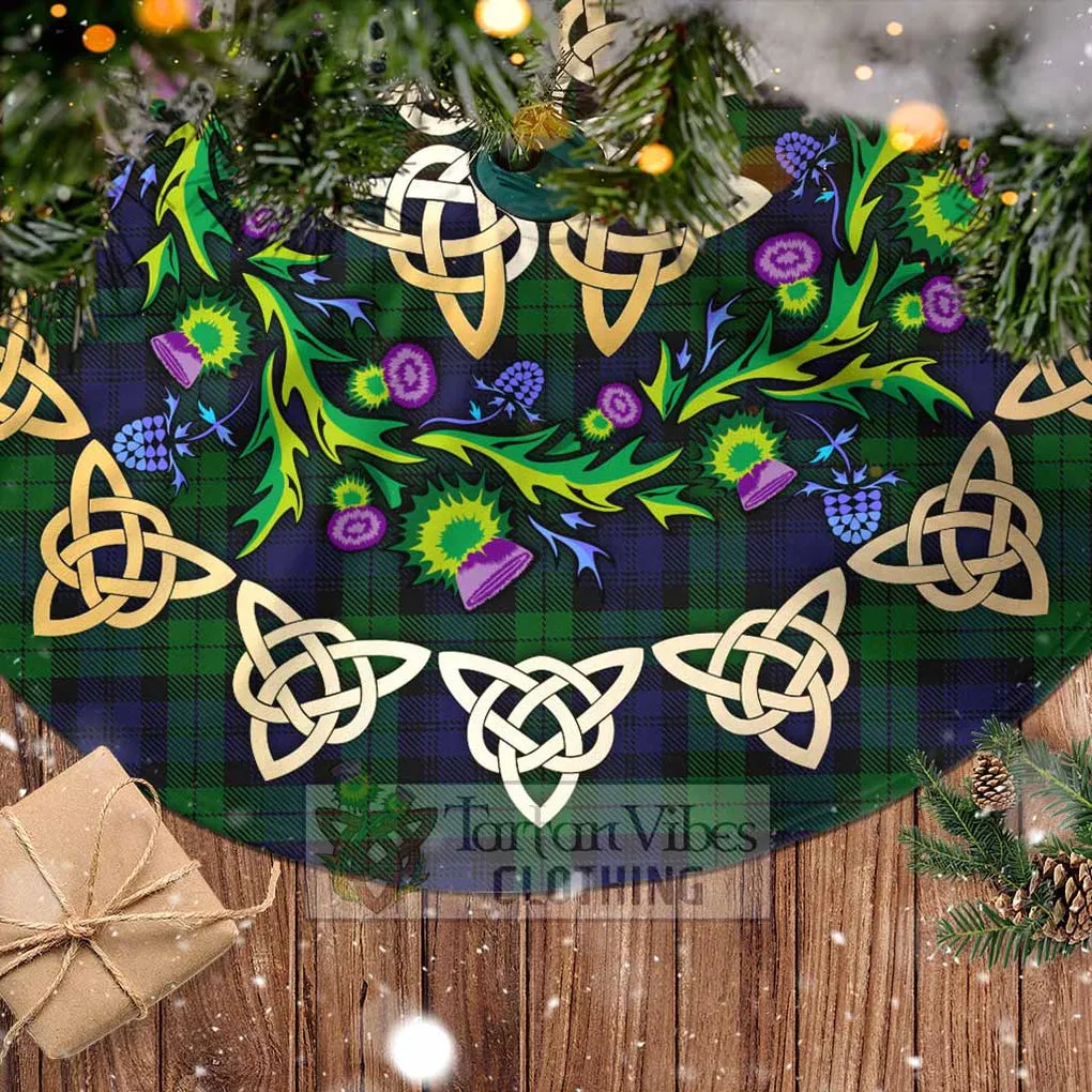 Black Watch Tartan Christmas Tree Skirt with Thistle Celtic Knot Style