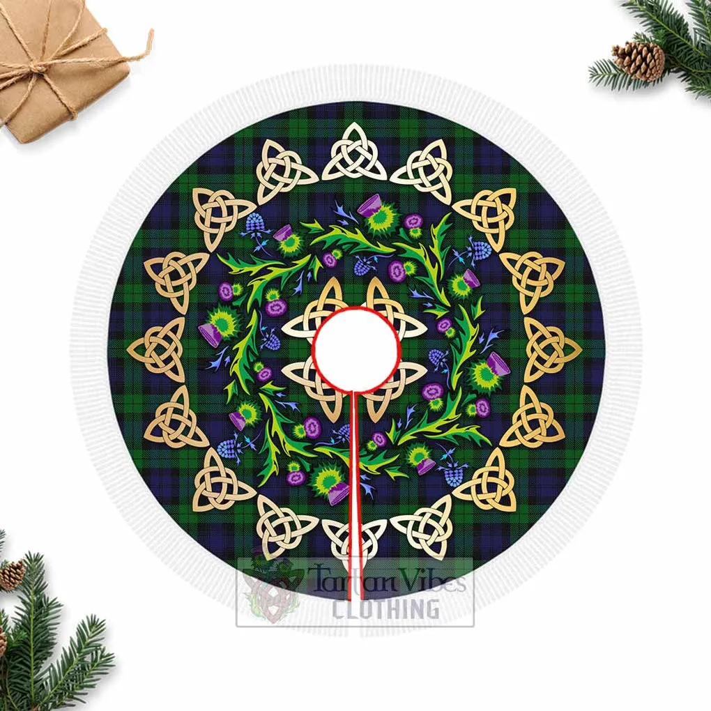 Black Watch Tartan Christmas Tree Skirt with Thistle Celtic Knot Style