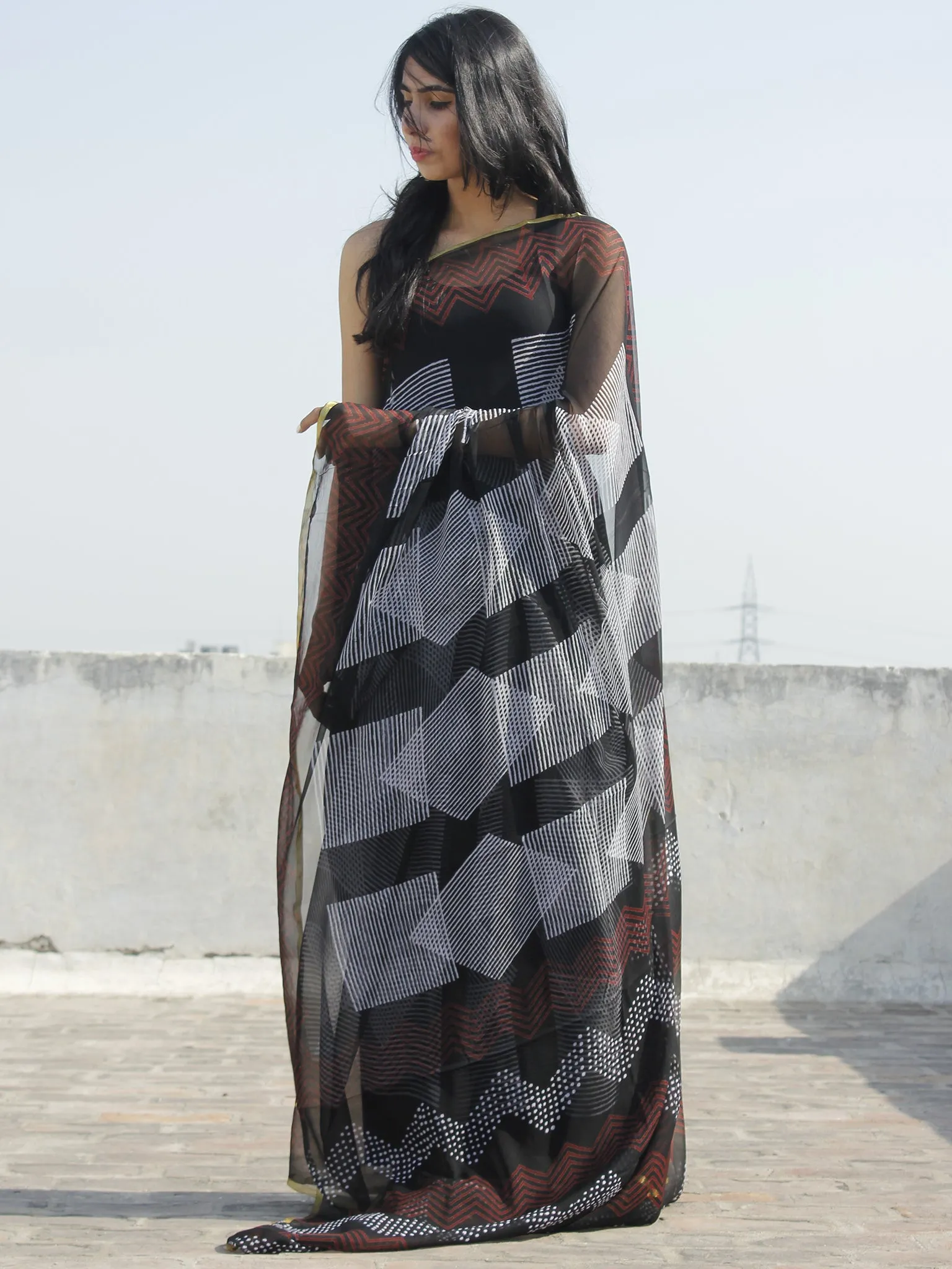 Black White Maroon Hand Block Printed Chiffon Saree - S031702320