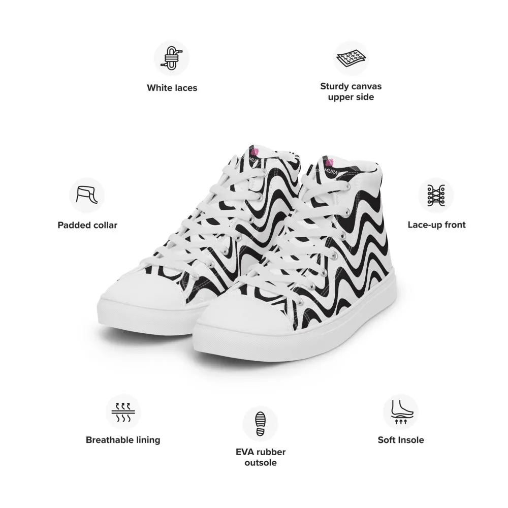 Black White Waves Men's Sneakers, Waves Abstract High Top Premium Tennis Shoes For Men