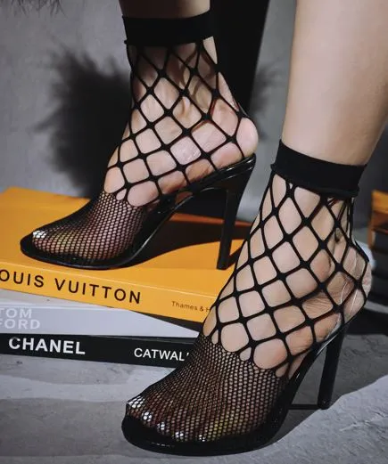 Black Womens Fishnet Stiletto High Heel Sandals