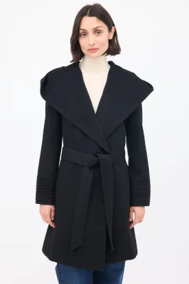 Black Wool Mid Length Hooded Wrap Coat