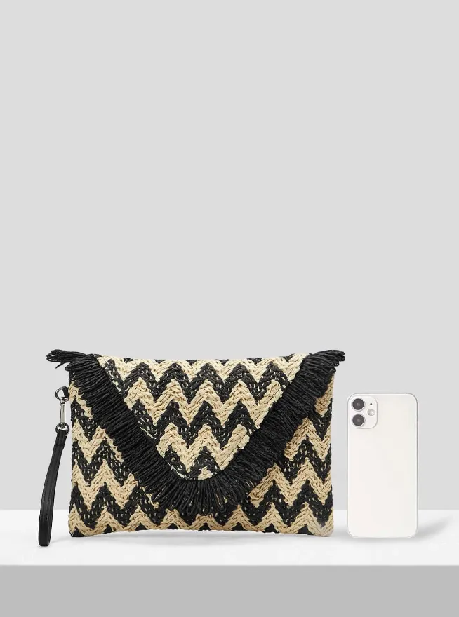 Black Zigzag Straw Clutch Bag