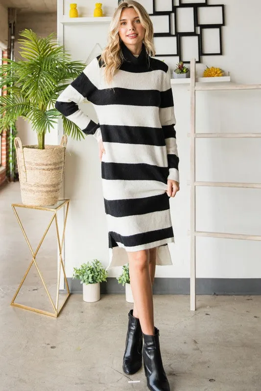 Black/White Wide Striped Turtleneck Sweater Dress