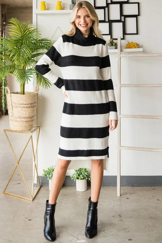 Black/White Wide Striped Turtleneck Sweater Dress