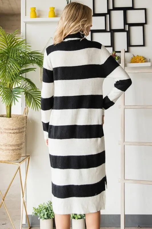 Black/White Wide Striped Turtleneck Sweater Dress