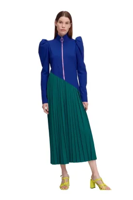 Blue & Green Puff Long Sleeve High Neck Pleated Belted Zip Front Futuristic Midi Dress