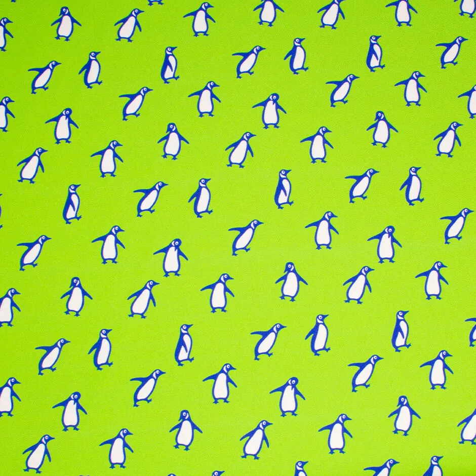 Blue & White Penguin Printed Apple Green Silk Twill