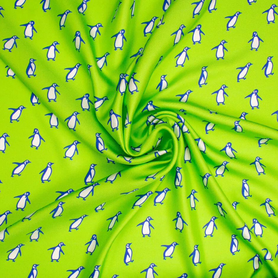 Blue & White Penguin Printed Apple Green Silk Twill