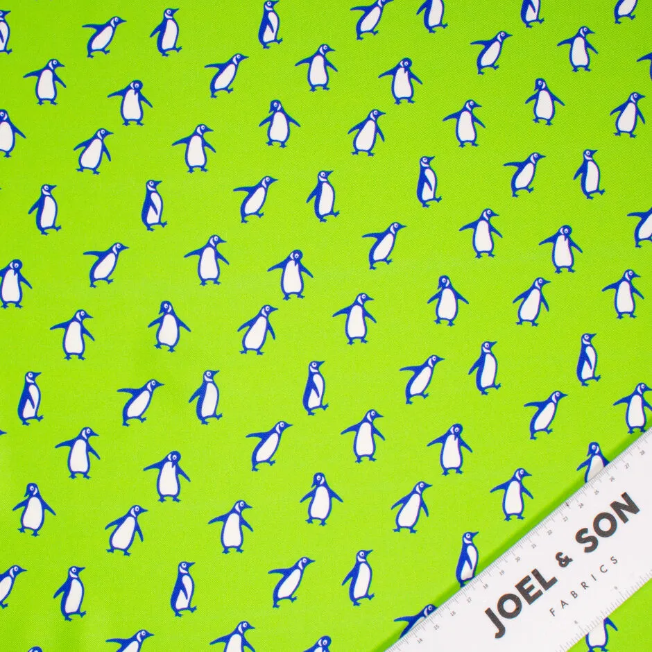 Blue & White Penguin Printed Apple Green Silk Twill