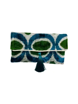 Blue and Green Orbs Velvet Clutch with Removable Chain