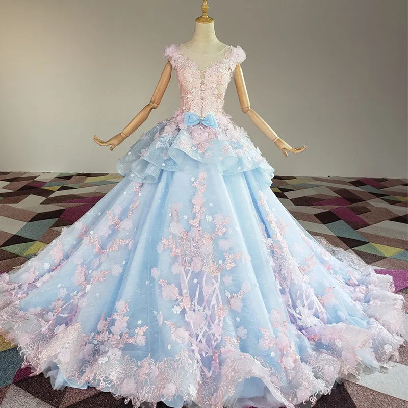 Blue and Pink Ball Gown Tulle with Flowers Sweet 16 Dress, Blue Formal Dress