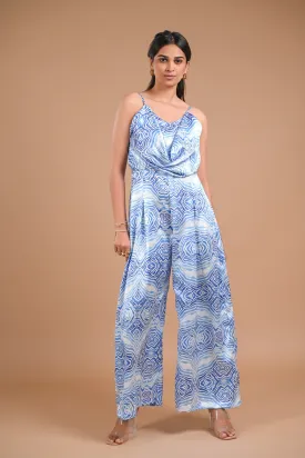 Blue and White Printed Satin Co-ord Set