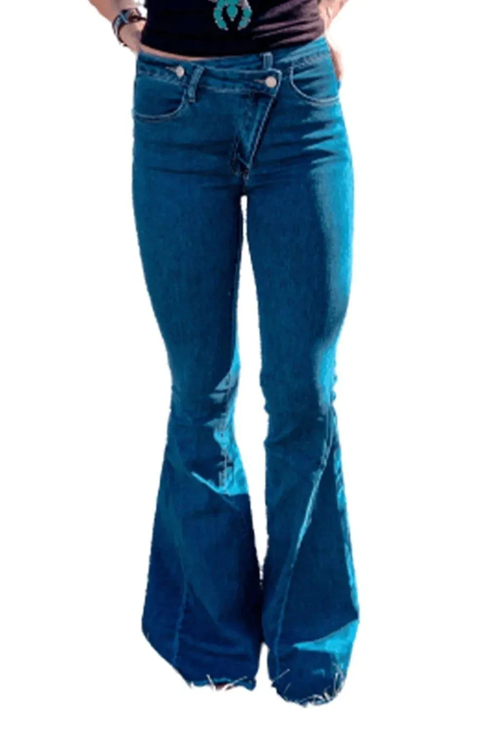 Blue Asymmetrical Dark Wash Bell Bottom Jeans