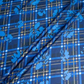 Blue Floral & Tartan Printed Pure Silk Twill