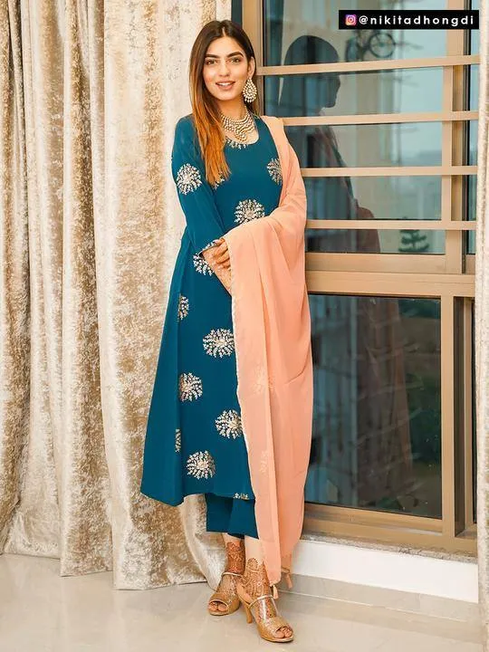 Blue Gold Print Kurta Palazzo Set